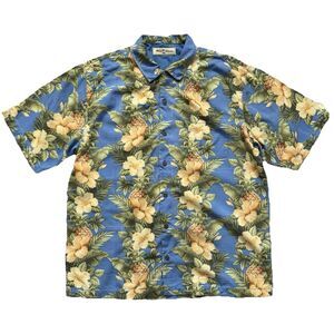 Tommy Bahama Silk Hawaiian Shirt Pineapple Hibiscus Floral Blue Mens Medium